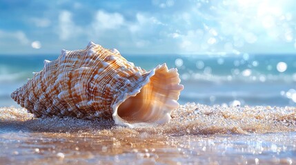Close-up of a seashell resting on a sandy beach with ocean waves and sunlight in the background
