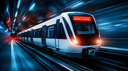 Futuristic subway train speeding through a tunnel with vivid light streaks, showcasing advanced technology in transit.