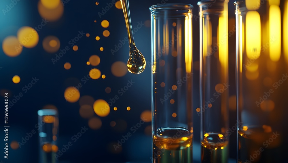 Poster Droplet falls into test tubes; lab scene; glowing bokeh