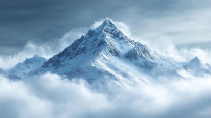 Snow-capped Mountain Peak Shrouded in Clouds and Mist. Generative AI