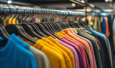 Fototapeta premium Trendsetting clothes neatly arranged on contemporary racks, reflecting innovative design and modern fashion trends vibrantly