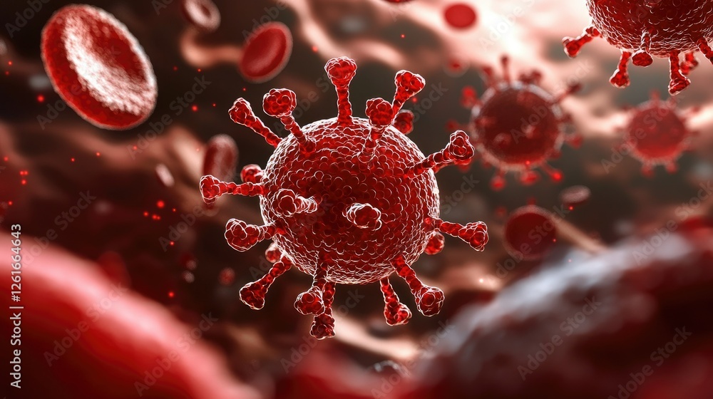 Poster red virus rendering with blood cells in a microscopic viewpoint