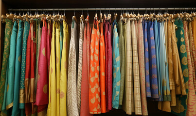 Trendy outfits neatly arranged in the clothing shop, offering a vibrant display of contemporary fashion