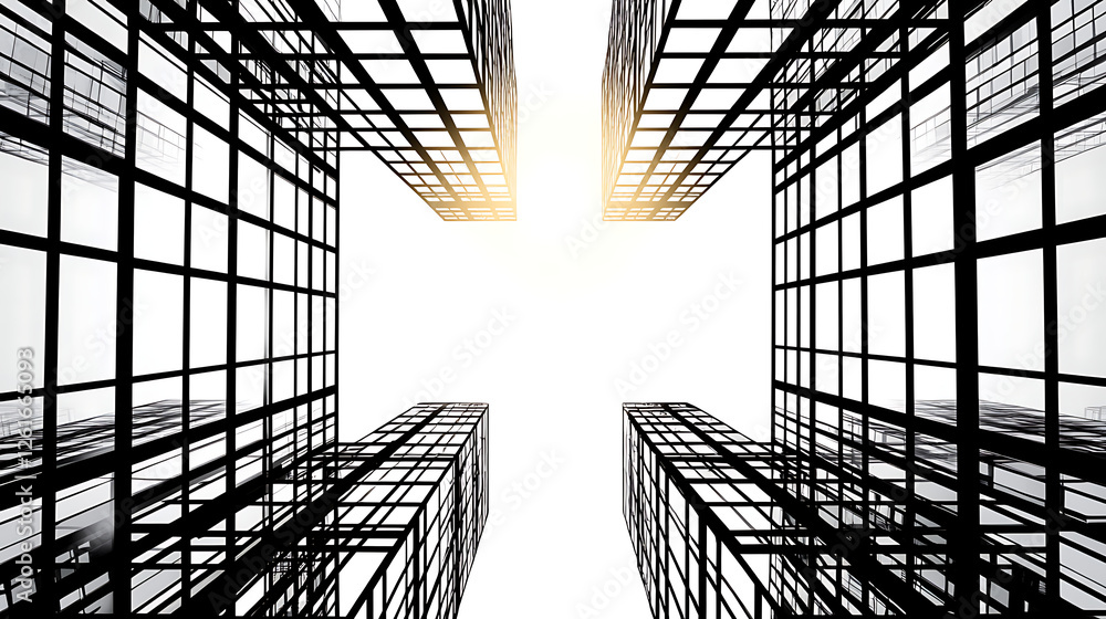Poster modern architecture with a view to the sky between buildings in an urban environment