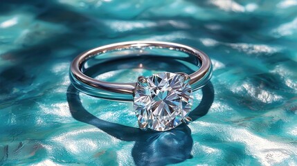 Sparkling diamond engagement ring resting on a shimmering turquoise surface, reflecting light beautifully