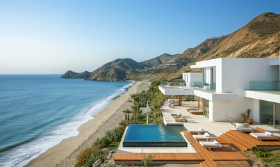 Fototapeta premium Modern beach resort with luxury accommodations and exceptional service, providing an idyllic coastal escape experience