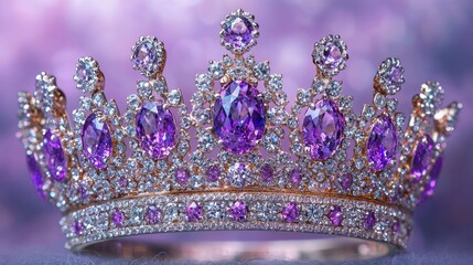 Exquisite crown adorned with purple gemstones glistening against a soft purple background