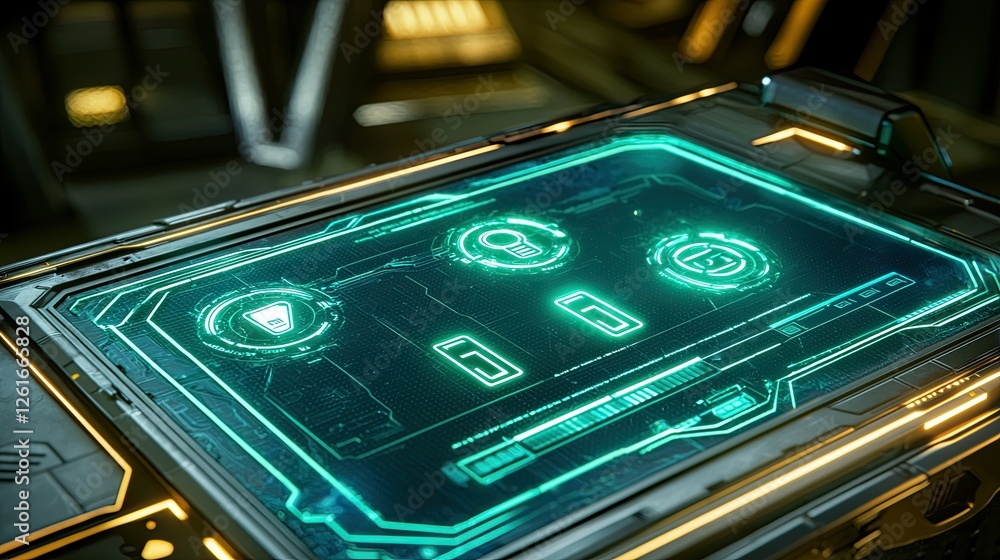 Poster futuristic control panel with glowing interface in sci-fi environment