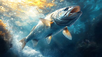 Naklejka premium Large Fish Swimming Underwater towards Sunlight