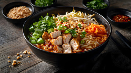 Delicious Bowl of Ramen Noodles with Fresh Toppings and Ingredients