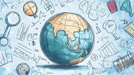Artistic illustration of a world globe surrounded by doodles
