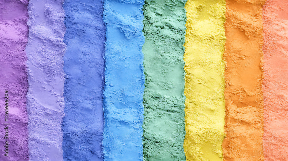 Poster multicolored rainbow powdered pigment spectrum arranged in vertical stripes with textured surface