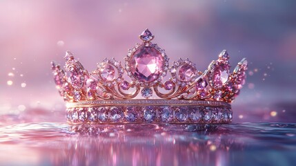 A beautifully designed crown adorned with pink gemstones floating gracefully on shimmering water