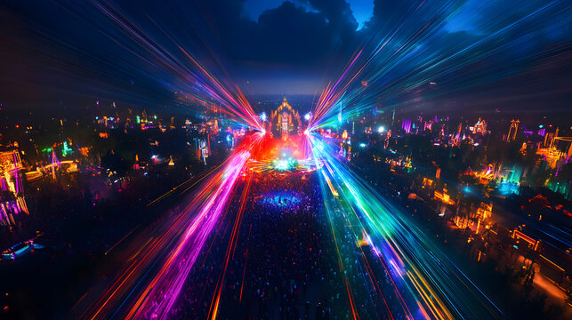 Aerial View of Electric Daisy Carnival (EDC) Night Festival with Vibrant Laser Show and Massive