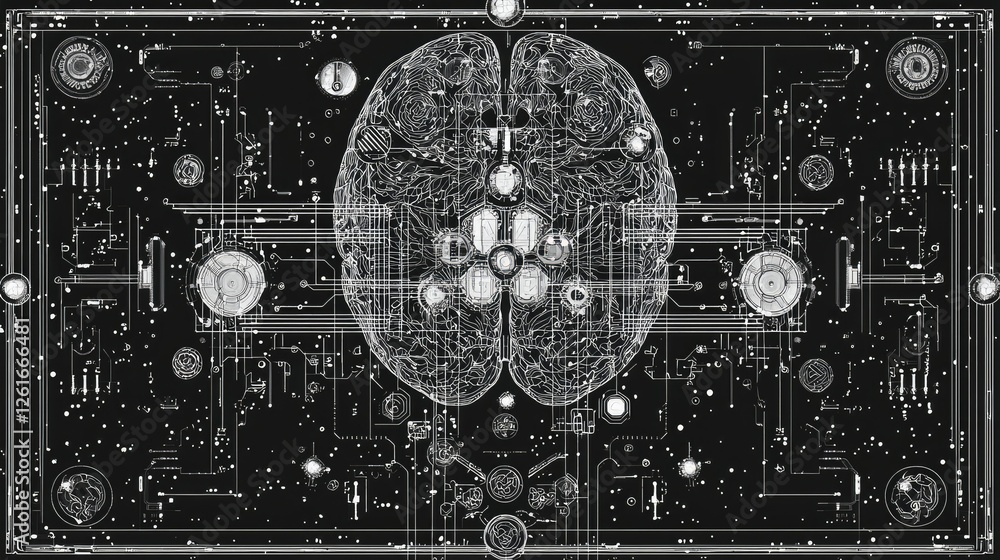 Poster complex abstract brain illustration with circuit patterns and details