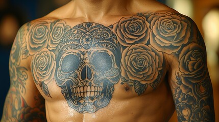 Naklejka premium Man's Chest with Intricate Skull and Rose Tattoos Artwork Design