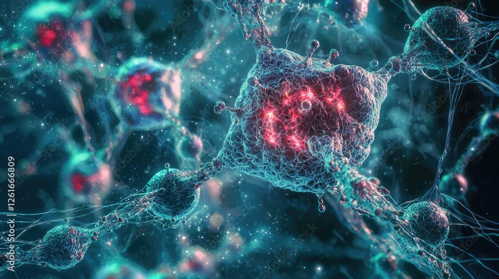 Poster intricate cellular structure with vibrant colors and dynamic elements