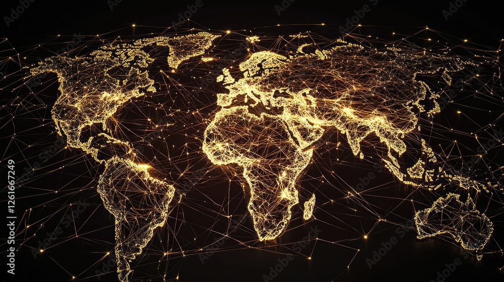 Poster global network map with bright connections and dark background