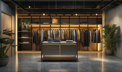 Modern attire displayed on a metal rack in a sleek setting, epitomizing urban chic style