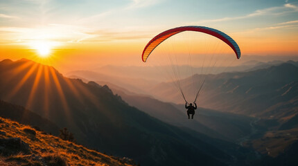  Adventure Composite Image of Paraglider Flying up high in the Rocky Mountains. Sunny Sunset Sky 