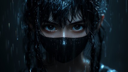 Intense Eyes Gaze Beneath Rain with Mask in Dark Cyberpunk Scene