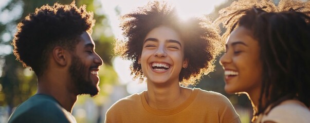 Three youthful pals having a great time outdoors, sharing laughter under the sun