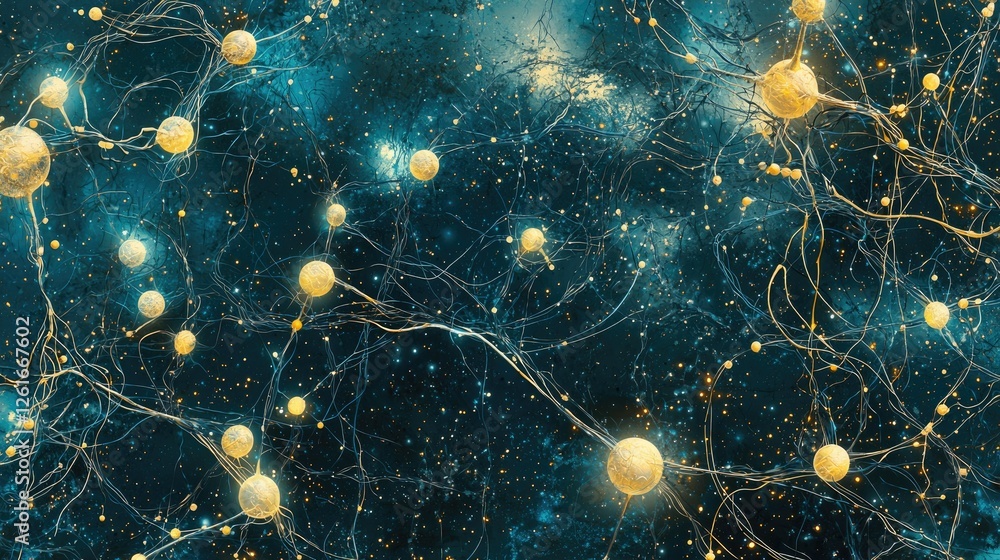 Poster intricate network of neurons with glowing synapses and stars