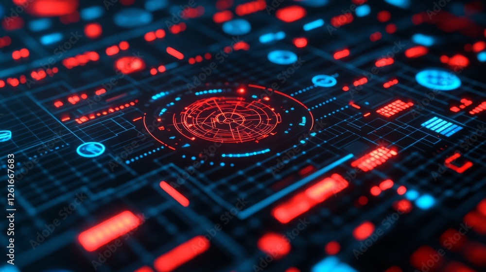 Poster futuristic abstract digital background with red and blue elements featuring data visualization, circ