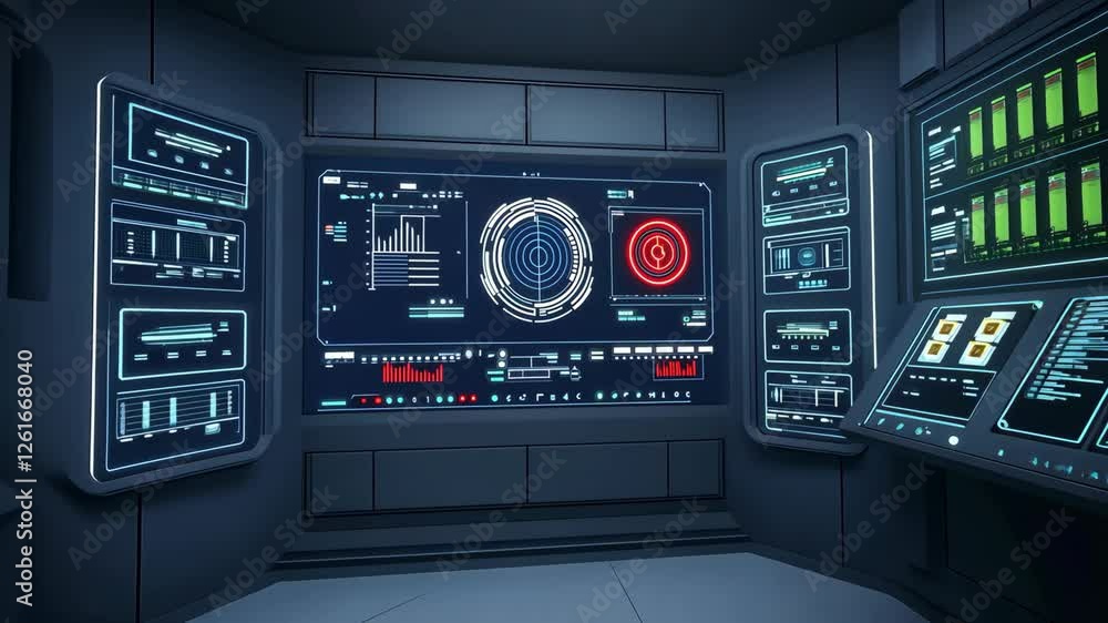 Poster futuristic control room with digital screens displaying data and graphs high tech interface with cir