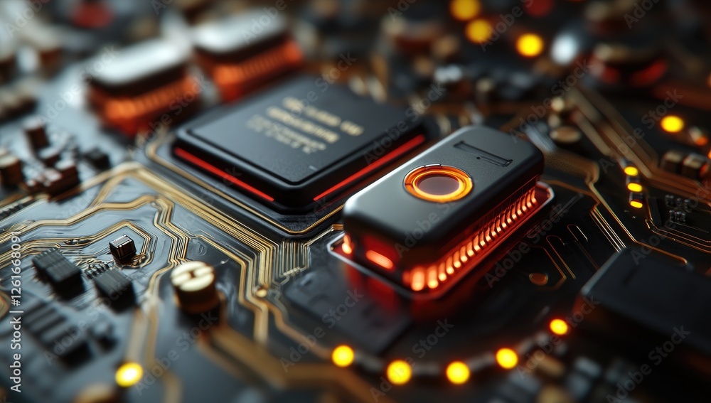 Aufkleber close-up circuit board with processors, high-tech, red glow