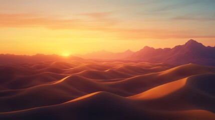 Obraz premium Serene Sunset Over Golden Sand Dunes with Soft Ripples and Mountain Silhouettes in the Distance Captured in a Tranquil Desert Landscape