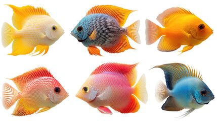 Fototapeta premium Rainbow Fish Array: A captivating visual display of six vibrantly colored fish, showcasing a spectrum of hues from golden yellows and radiant oranges to soft pinks and oceanic blues.