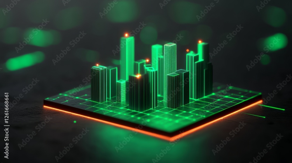 Poster futuristic cityscape with neon green lights and grid pattern, representing technology and urban deve