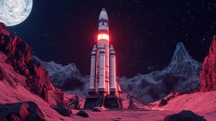 Naklejka premium Rocket Launch Pad Under A Bright Moonlight With Starry Sky On A Distant Planet Surface Showcasing Space Exploration And Adventure In Cosmic Environment