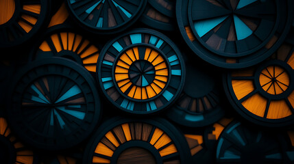Ornate Circular Motifs Contrasting Geometric Patterns in Artistic Cyan and Gold Composition