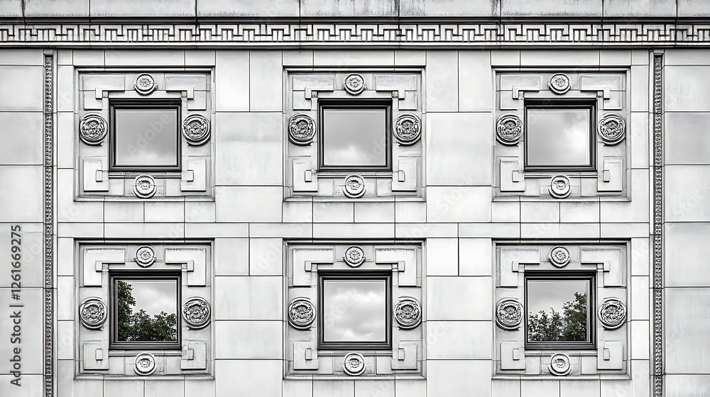 Poster ornate facade with symmetrical window design elements and geometric patterns architecture