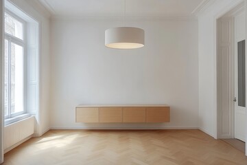 Empty modern room, light wood floor, large window, minimalist decor,  home staging