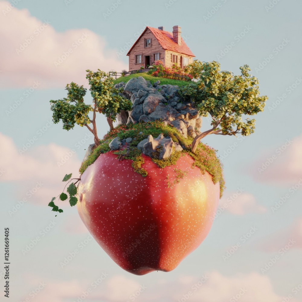 Poster a tiny home nestled on a floating apple. ai.