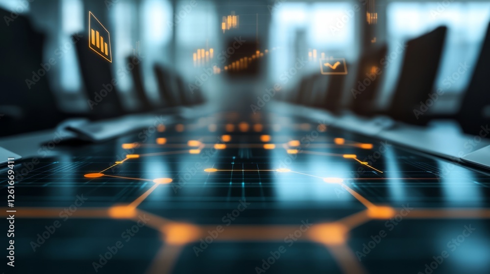 Poster modern conference room with digital interface displaying data analytics and trends, ideal for busine