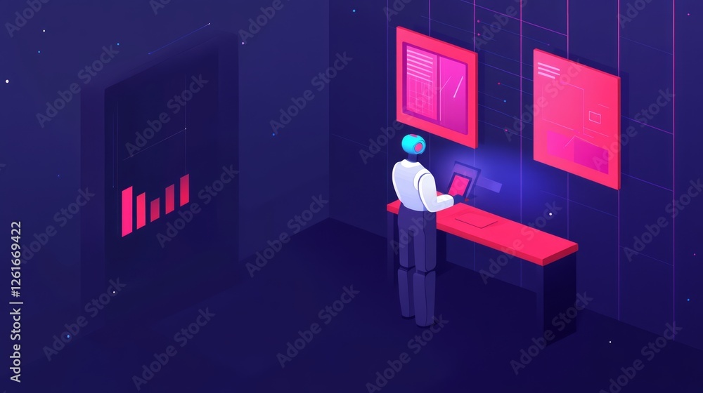 Poster futuristic office scene with a person interacting with technology in a dark environment featuring st