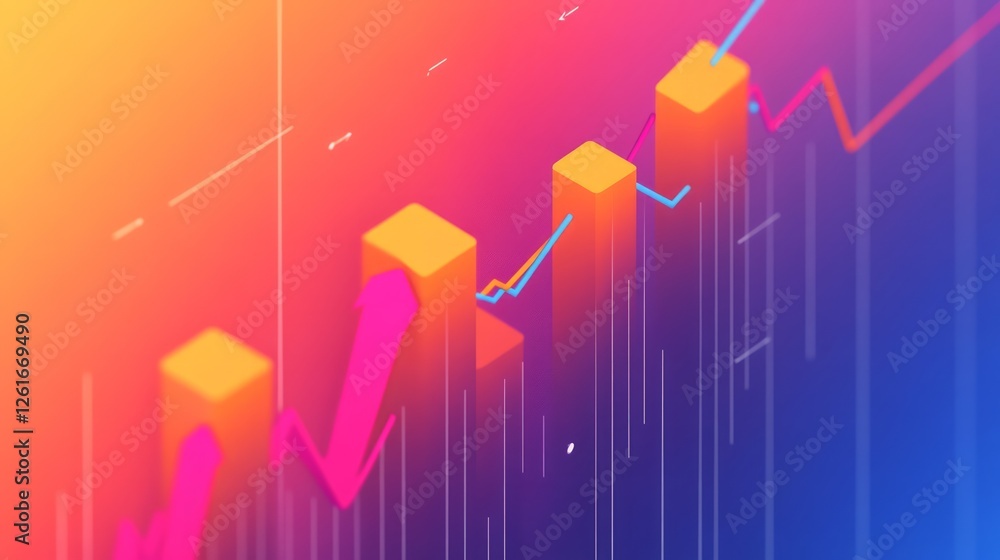 Poster abstract representation of financial growth with colorful bar graphs and trend lines capturing dynam