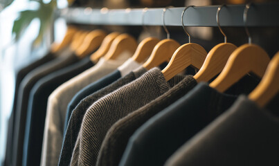 Naklejka premium Chic contemporary separates hung on a clean minimalist display, showcasing elegant style and refined aesthetics.
