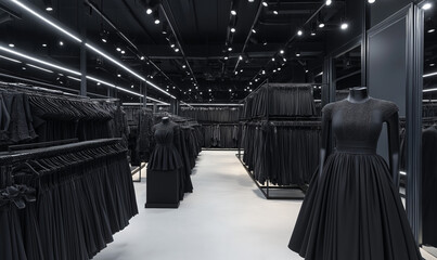 Sleek black dresses and professional outfits arranged on elegant displays, exuding sophistication and business style
