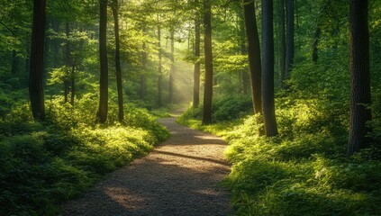 Obraz premium Sunlight path through lush forest