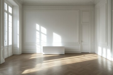 Obraz premium Sunlit empty room, Parisian apartment, hardwood floors, minimalist design, interior design