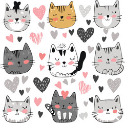 seamless pattern with cats An illustration of a boho style design with a minimalistic adorable cats