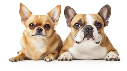 Obraz premium Chihuahua and French Bulldog Lying Down on White Background
