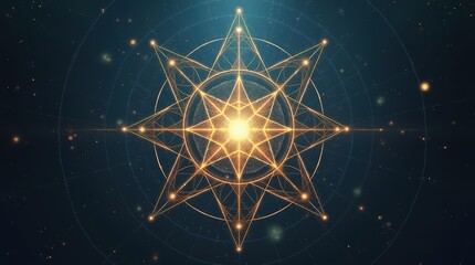 Radiant Geometric Star Pattern with Glowing Orbs and Mystical Surroundings Depicting Cosmic Harmony