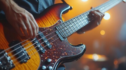 Naklejka premium Close-up of Bass Guitar Played at Concert with Stage Lights. Generative AI