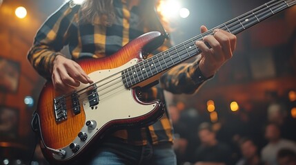Obraz premium Close-up of Bass Guitar Being Played at a Live Music Concert. Generative AI